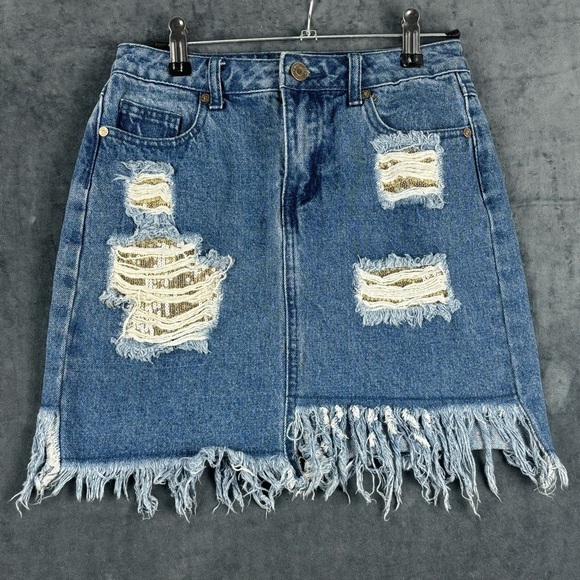 Missguided Denim Distressed Mini Skirt w/fringe and gold sequin details Sz 0 - Picture 1 of 7